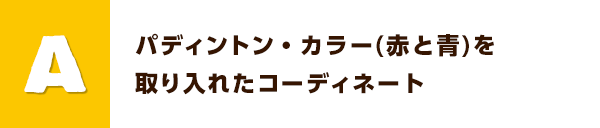 A パディントン・カラー(赤と青)と取り入れたコーディネート